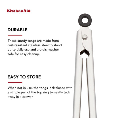 KitchenAid Gourmet - Pinzas para servir de acero inoxidable con gancho para colgar y cierre seguro, 9 pulgadas, acero inoxidable