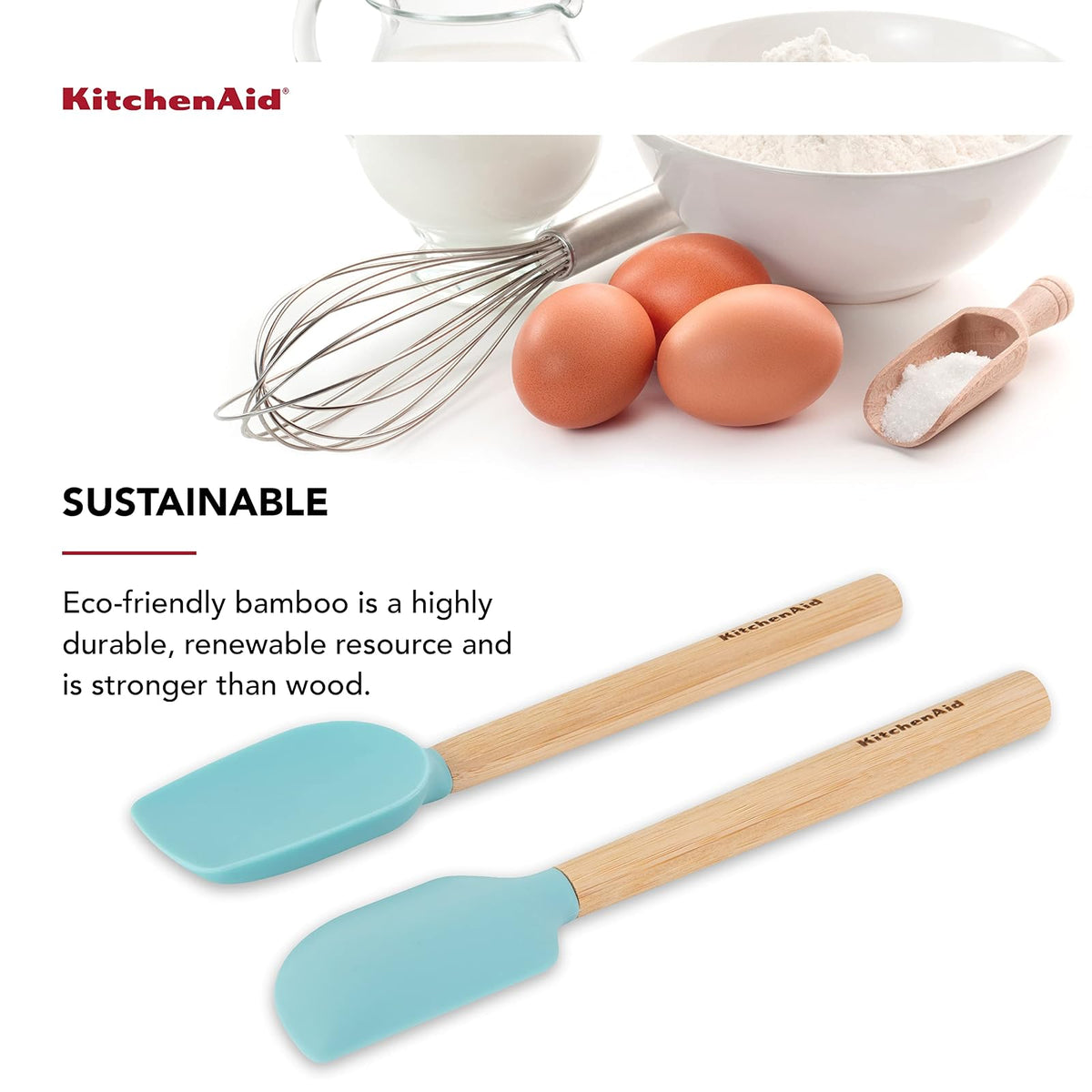 KitchenAid - Juego de mini espátulas con mango de madera de bambú con cabeza de silicona, juego de 2, Aqua Sky