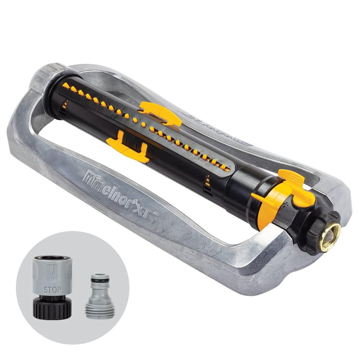 Melnor 65154AMZ XT Turbo Aspersor oscilante, Base de Metal, 4.500 sq. Pies, Paquete de conexión rápida, Ajustable de 3 vías, Negro, Amarillo