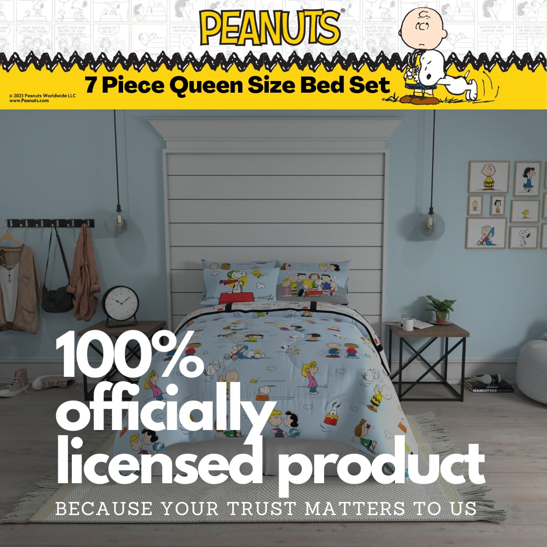 Franco - Juego de edredón de Snoopy, 7 Piezas, edredón, sábanas y Fundas de Almohada súper Suaves, Queen, Producto con Licencia 100% Oficial