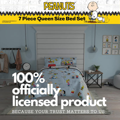Franco - Juego de edredón de Snoopy, 7 Piezas, edredón, sábanas y Fundas de Almohada súper Suaves, Queen, Producto con Licencia 100% Oficial