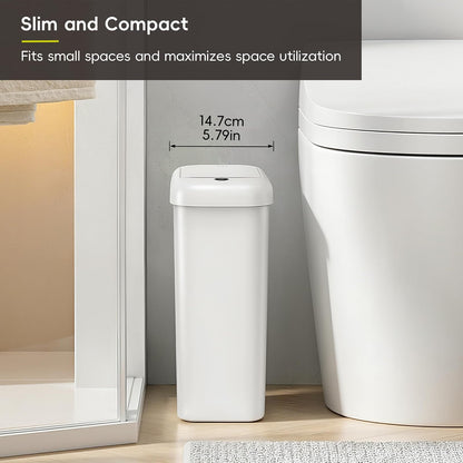 EKO - cubeta de basura automático para baño con tapa, 2.6 galones delgado sin tacto, cubeta de basura con sensor de movimiento impermeable para baño, oficina, cocina, color blanco
