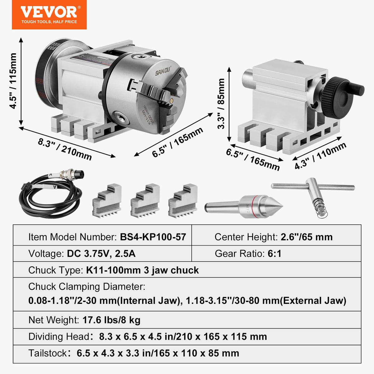VEVOR Cabezal divisor, mandril de 3 mandíbulas K11-100 mm, fresadora CNC eje rotacional cabezal de indexación de eje A de 4 ° eje A, altura central de 65 mm, relación de engranaje 6:1, universal para
