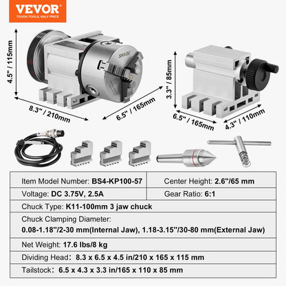 VEVOR Cabezal divisor, mandril de 3 mandíbulas K11-100 mm, fresadora CNC eje rotacional cabezal de indexación de eje A de 4 ° eje A, altura central de 65 mm, relación de engranaje 6:1, universal para