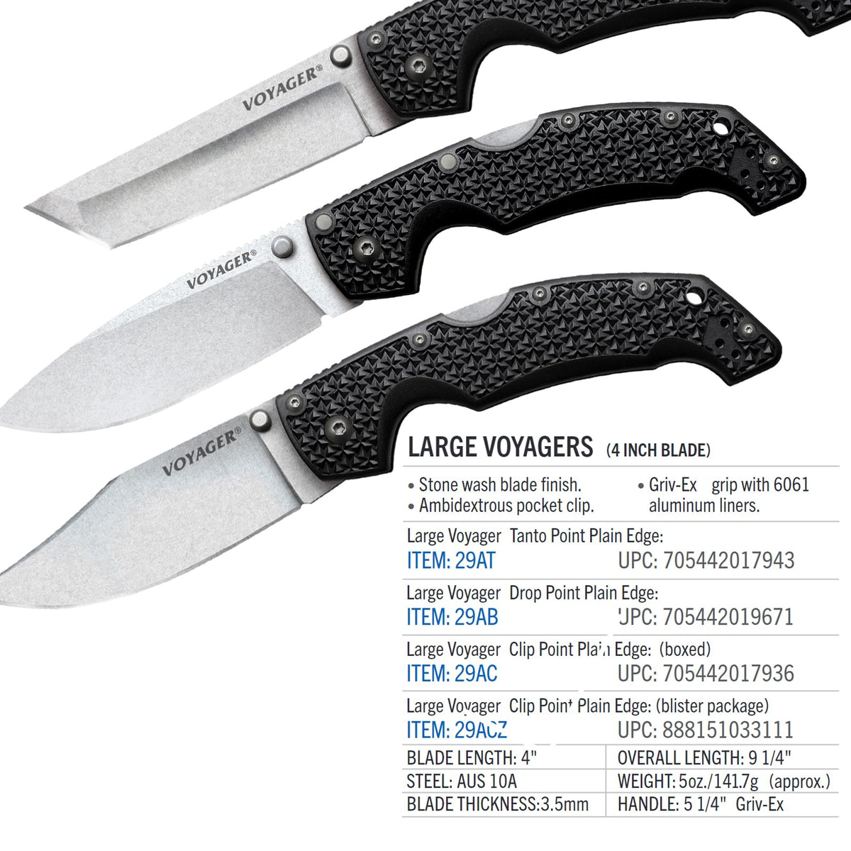 Cold Steel Voyager AUS10A AUS10A - Cuchilla afilada de 13,2 cm, mango Griv-Ex, para llevar diario, cuchillo plegable táctico con bloqueo de triple anuncios