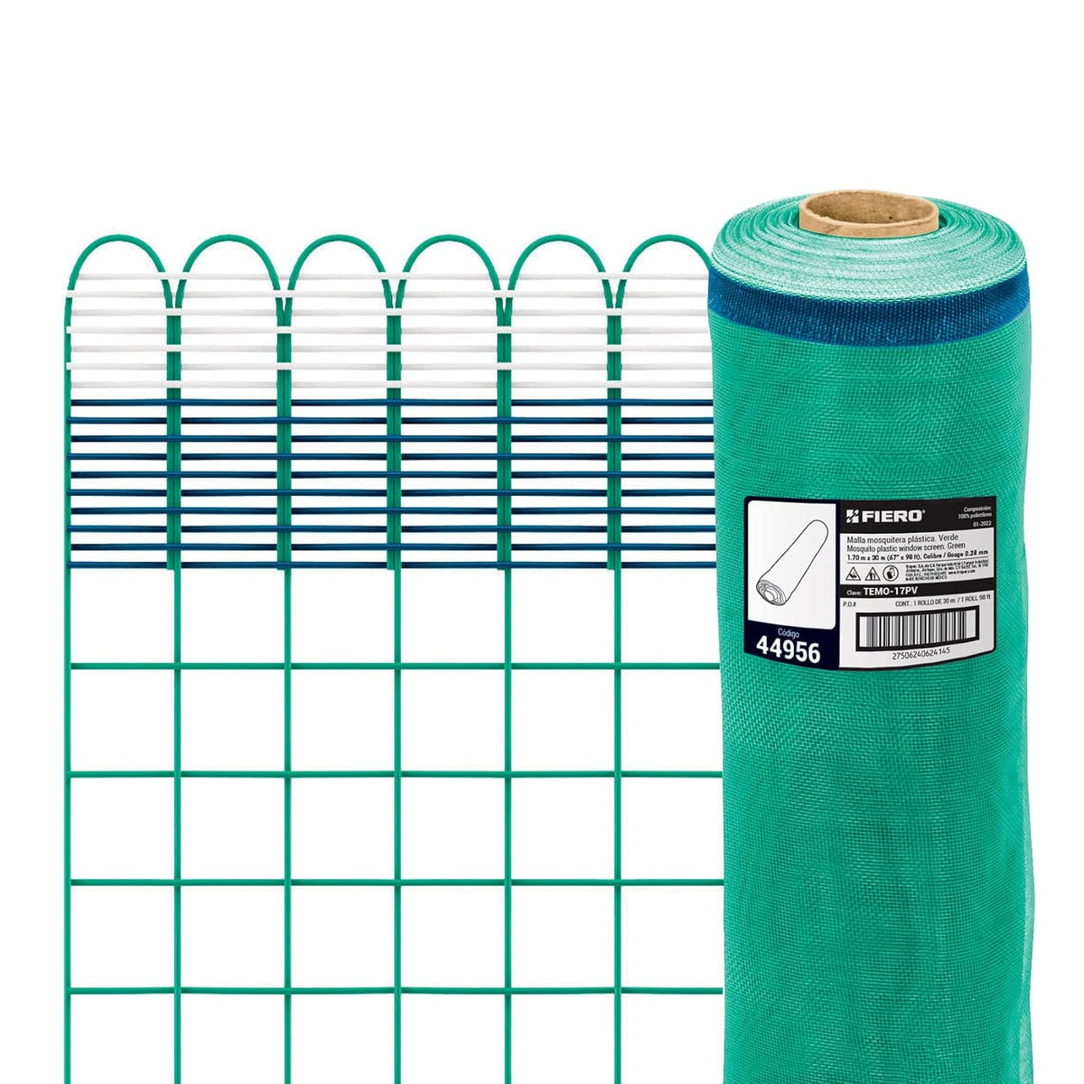 Fiero TEMO-17PV, Rollo de 30 m x 1.7 m de malla mosquitera plástica verde