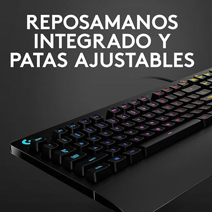 Logitech G213 Prodigy Teclado Gaming en Inglés, RGB LIGHTSYNC, Teclas Retroiluminadas, Resistente a Salpicaduras, Teclas Personalizables, Controles Multimedia Dedicados - Color Negro