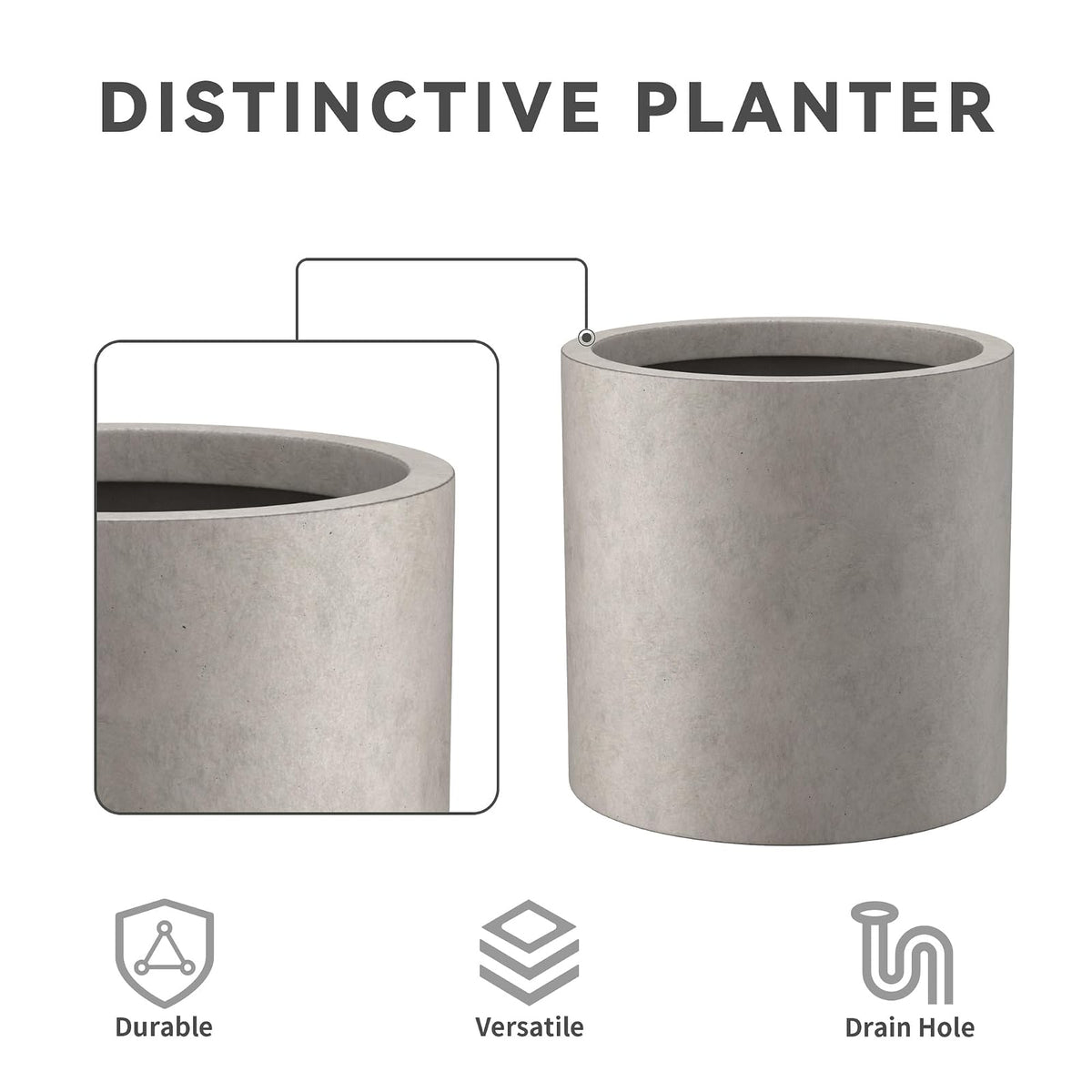 Kante - Maceta Redonda de hormigón de 9.8 Pulgadas de diámetro, Estilo Moderno, Grande, cilíndrica, con Orificio de Drenaje y tapón de Goma para Patio Interior y Exterior, hormigón Desgastado
