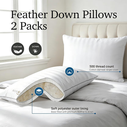 Hotel Grand Softy-Around - Juego de 2 Almohadas de Plumas de Plumas tamaño King, Tiras Blancas, 100% algodón, para Todas Las Posiciones, 36 x 20 Pulgadas, 2 Paquetes