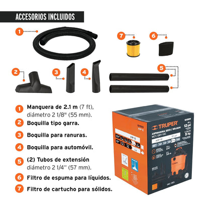 Truper - ASP-12 Aspiradora de sólidos y líquidos de 12 GAL, plástica