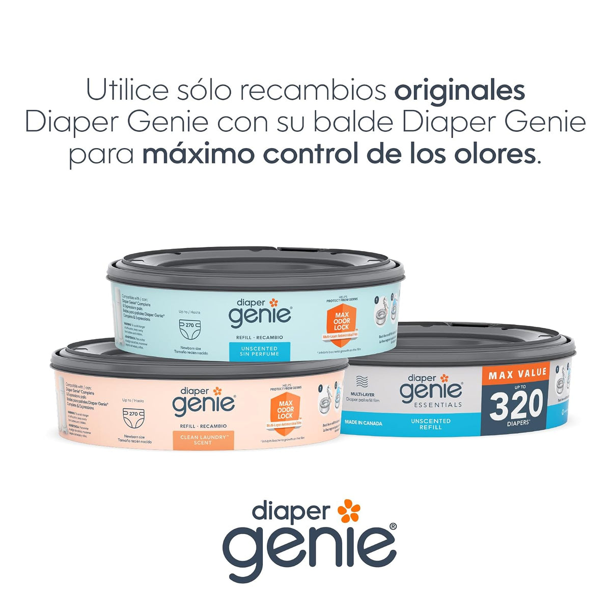 Recambio redondo Diaper Genie Essentials | Paquete de 4 | Capacidad de hasta 1280 pañales tamaño recién nacido