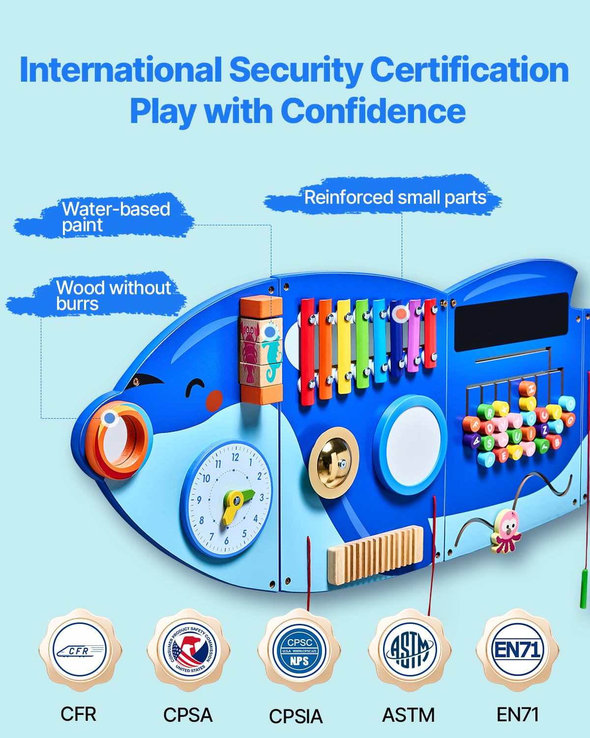 VEVOR Paneles de Actividades de Pared con Forma de Orca, 12 Actividades, Juguete Sensorial de Pared Montessori para Niños de 3 a 12 Años para Salas de Juegos Infantiles y Aulas de Guardería