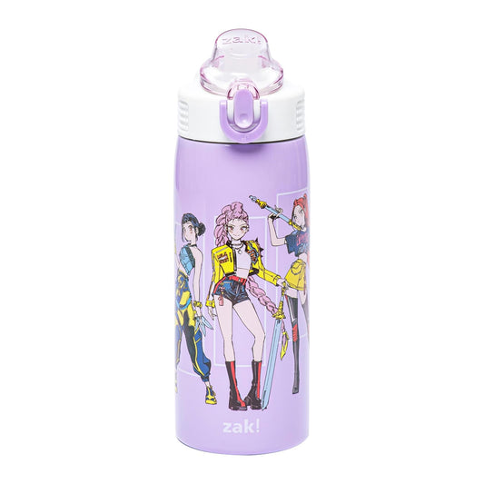 Zak Designs KPop Demon Hunters Sage - Botella de agua para niños para escuela o viajes, botella de agua de acero inoxidable de 19 onzas con popote, mango y a prueba de fugas, cubierta de boquilla