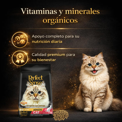 Perfect Sense Alimento Premium para Gato 3 kg - 100% Natural con Taurina, Omega 3, Prebióticos y Fibras Naturales para Pelaje Saludable y Control de Bolas de Pelo