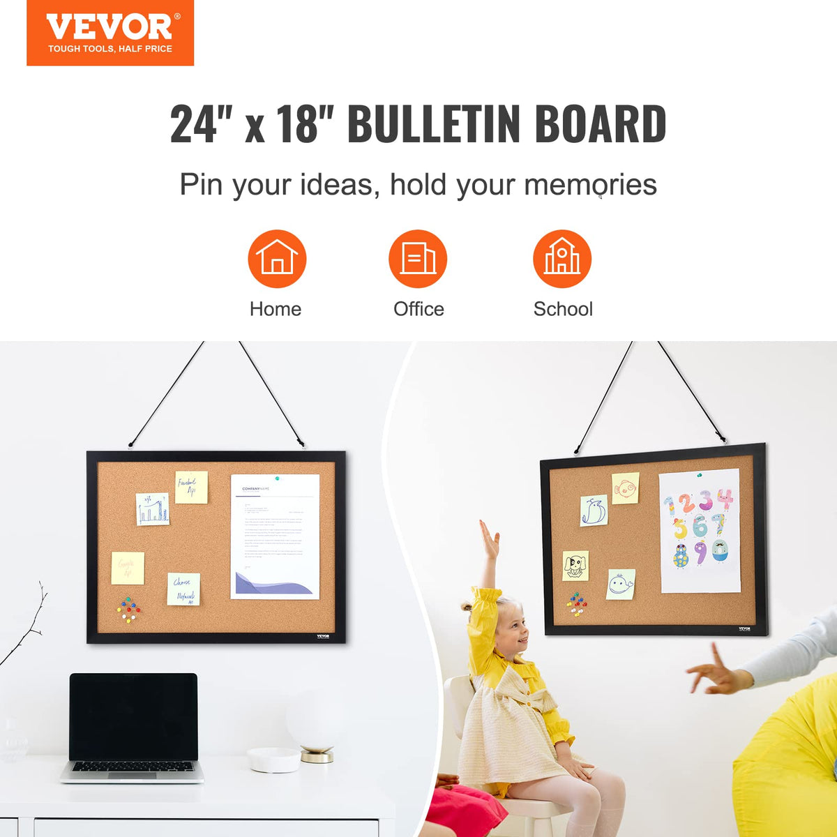 VEVOR - Tablero de corcho para paredes, corcho de doble cara de 24 x 18 pulgadas, tablero de anuncios con marco para oficina, hogar y escuela