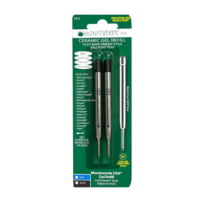 Monteverde Recambios de gel sin tapa para adaptarse a bolígrafos estilo Parker, punta de aguja extrafina de 0,5 mm, negro, paquete de 2, tecnología de escritura suave para Parker, Conklin, Schmidt y