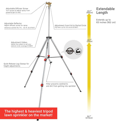 Eden 94157 Pro - Trípode telescópico de Metal (5 Libras), aspersor de Impulso de latón con Juego de iniciación de conexión rápida Premium, riego de hasta 6.360 Metros Cuadrados Pies