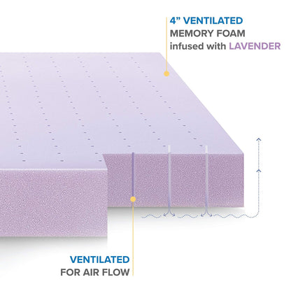 Mellow - Colchón de Espuma viscoelástica ventilada de 4 Pulgadas, infusión de Lavanda calmante, Certificado CertiPUR-US, tamaño Queen