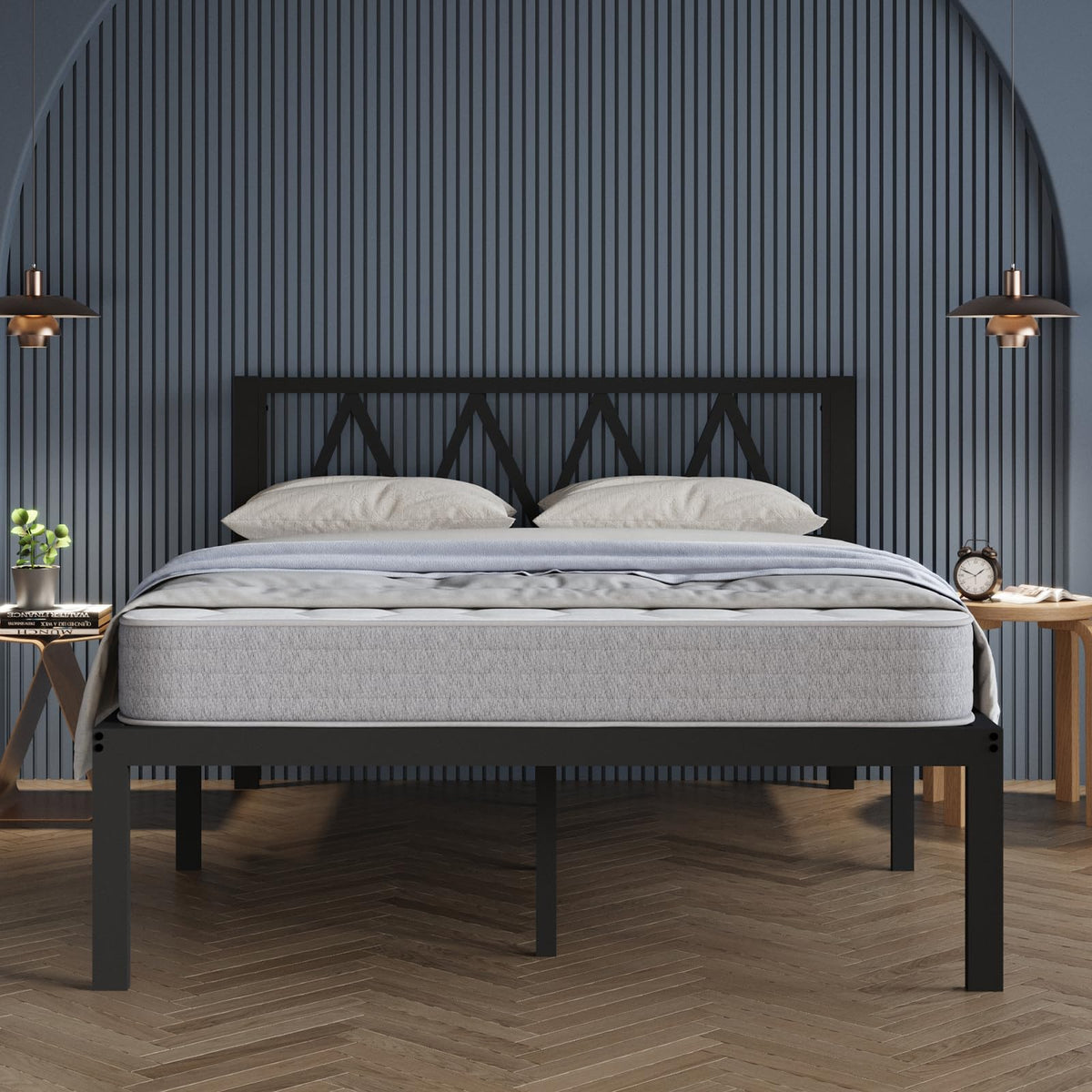 Avenco - Marco de Cama de tamaño matrimonial de 14 Pulgadas con cabecero, Marco de Cama de Plataforma de Metal, Marco de Cama matrimonial, no Necesita somier, fácil Montaje, Soporte de Listones
