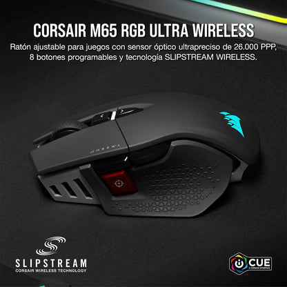 Corsair Ratón M65 RGB ULTRA WIRELESS Ratón para Juegos FPS Ajustable - 26.000 DPI - Inalámbrico Sub-1ms - Batería Hasta 120 Horas - Compatible con iCUE - PC, Mac, PS5, PS4, Xbox - Negro