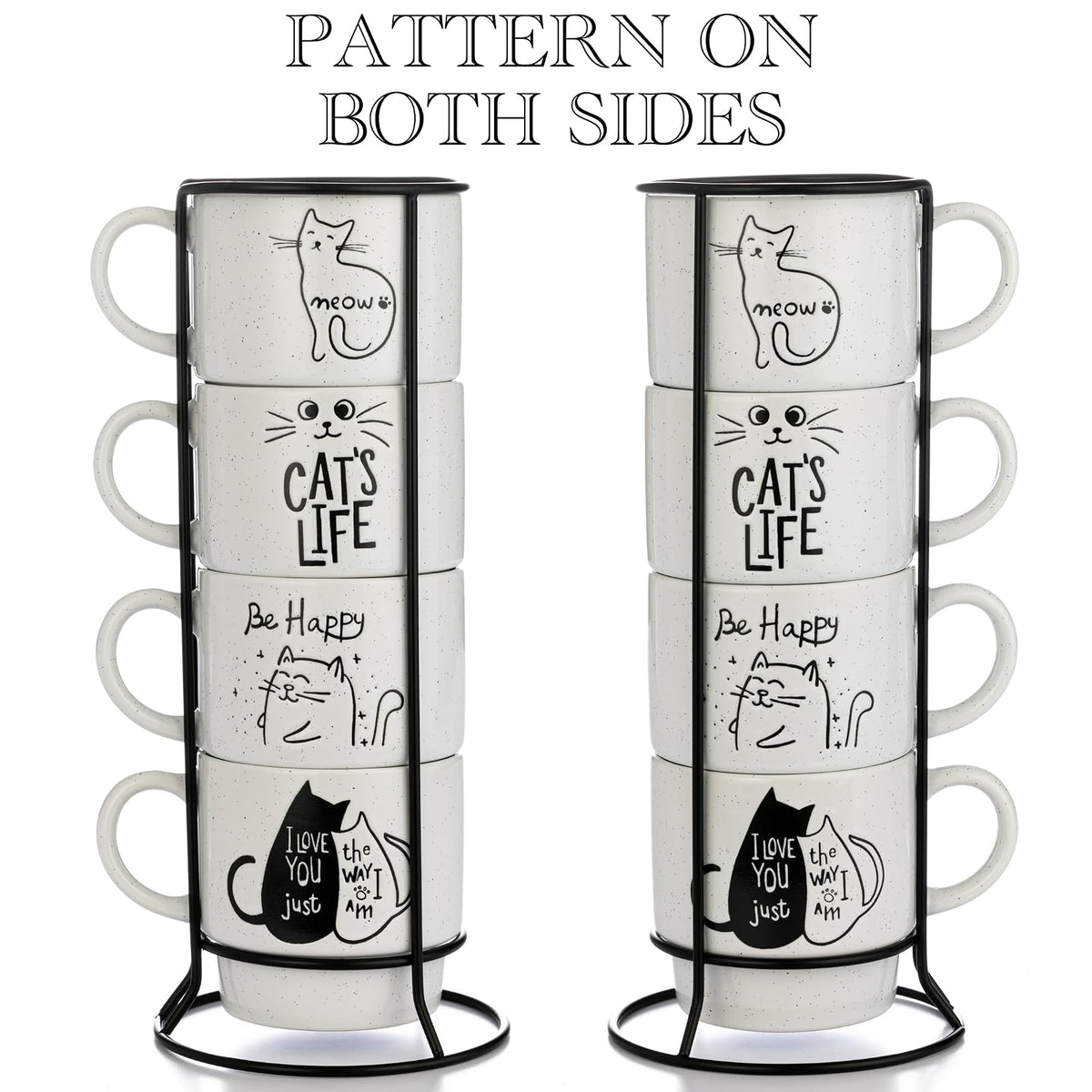 Signature Housewares - Juego de 4 tazas de café apilables con estante de alambre de metal, tazas de café de 15 onzas para café, té, cacao, leche, capuchino, chocolate caliente, vida de gato