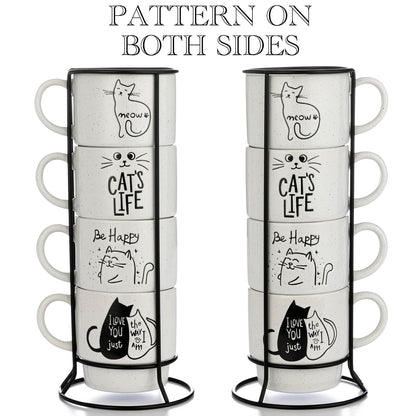 Signature Housewares - Juego de 4 tazas de café apilables con estante de alambre de metal, tazas de café de 15 onzas para café, té, cacao, leche, capuchino, chocolate caliente, vida de gato