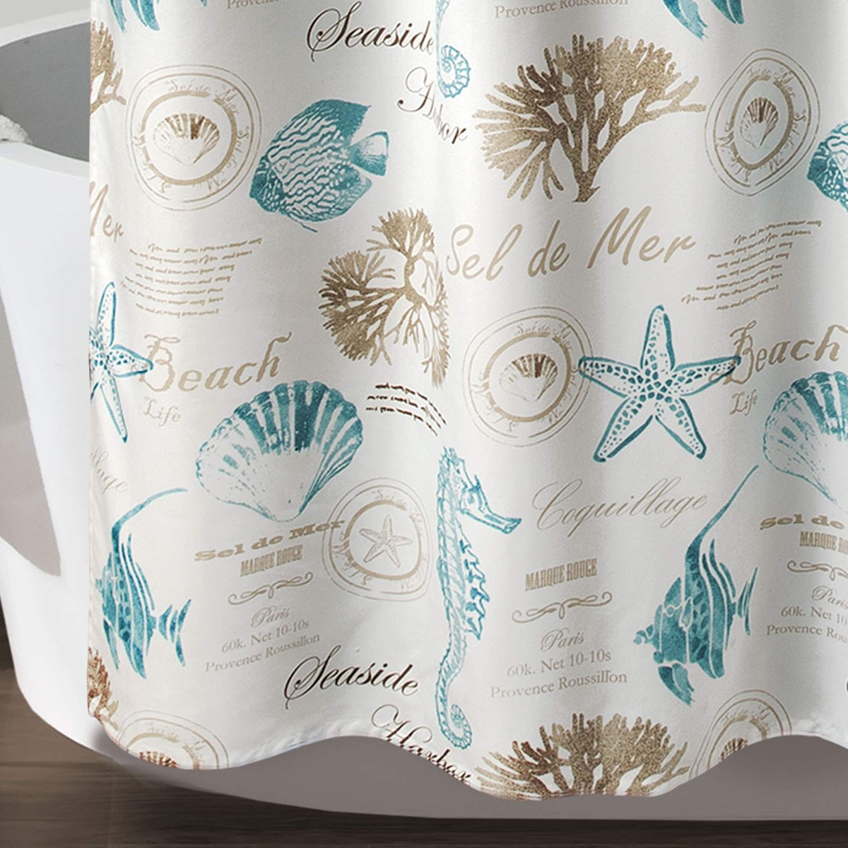 Lush Decor Harbor Life - Cortina de Ducha de 72 Pulgadas de Ancho x 72 Pulgadas de Largo, Azul y Gris Pardo, decoración Costera, Cortina de baño océano, casa de Playa