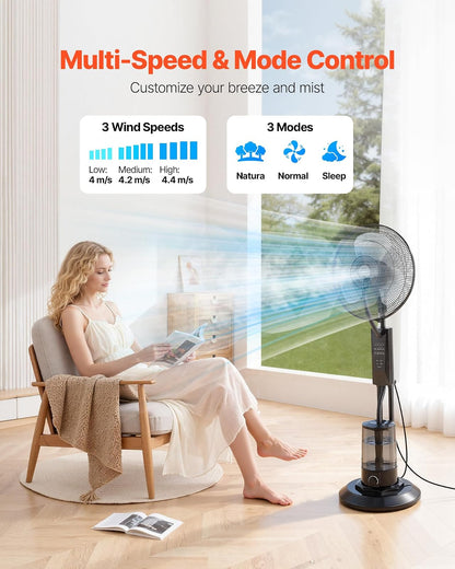 VEVOR Ventilador nebulizador, 3 velocidades, ventilador de pie nebulizador, ventiladores de enfriamiento nebulizador con tanque de agua de 0.79 gal, control remoto y panel