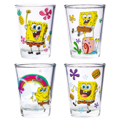 Silver Buffalo SpongeBob - Pantalones cuadrados con Gary Poses Floral Krabby Patty Paquete de 4 mini, juego de vidrio, 1.5 onzas