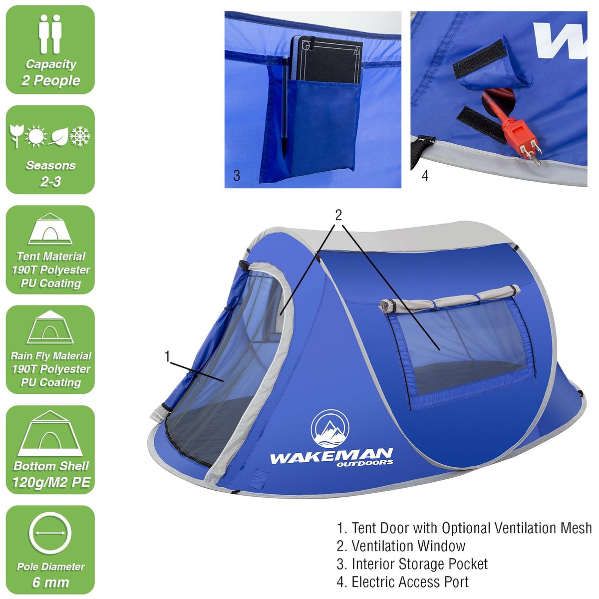 Wakeman Outdoor - Tienda de campaña desplegable para 2 Personas con Puerta de Doble Capa y Bolsa de Transporte, Resistente al Agua para Camping, Senderismo o Uso en la Playa