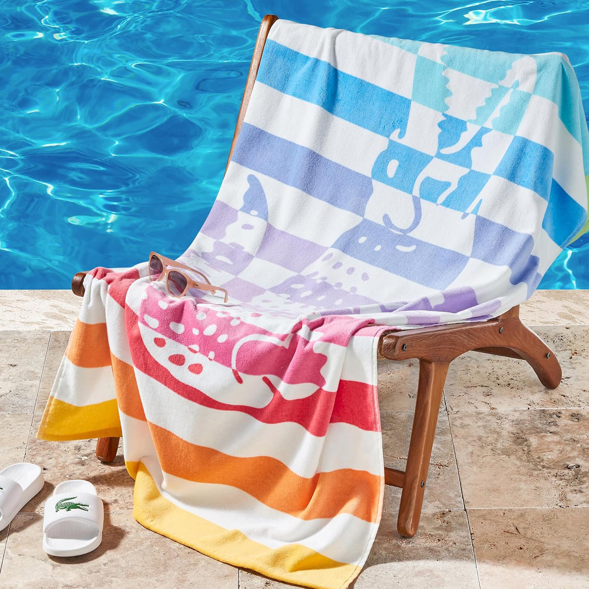 Lacoste Toalla de Playa Grande 100% algodón, Ultra Absorbente y de Secado rápido, Lavable a máquina, cocodrilo a Rayas, 36 Pulgadas de Ancho x 72 Pulgadas de Largo