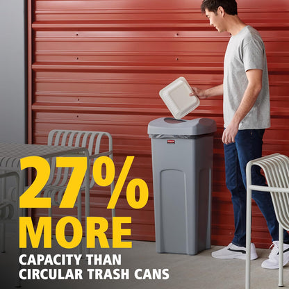 Rubbermaid Commercial Products Untouchable® – Contenedor Cuadrado con Tapa Abatible sin Contacto, Bote con Canales de Ventilación para una Fácil Extracción de Bolsas, Capacidad de 87 L, Gris 2143862