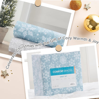 Comfort Spaces - Sábanas de Franela de algodón Transpirable y cálidas con Bolsillo Profundo con Funda de Almohada, tamaño matrimonial, Copos de Nieve Azules, 4 Piezas