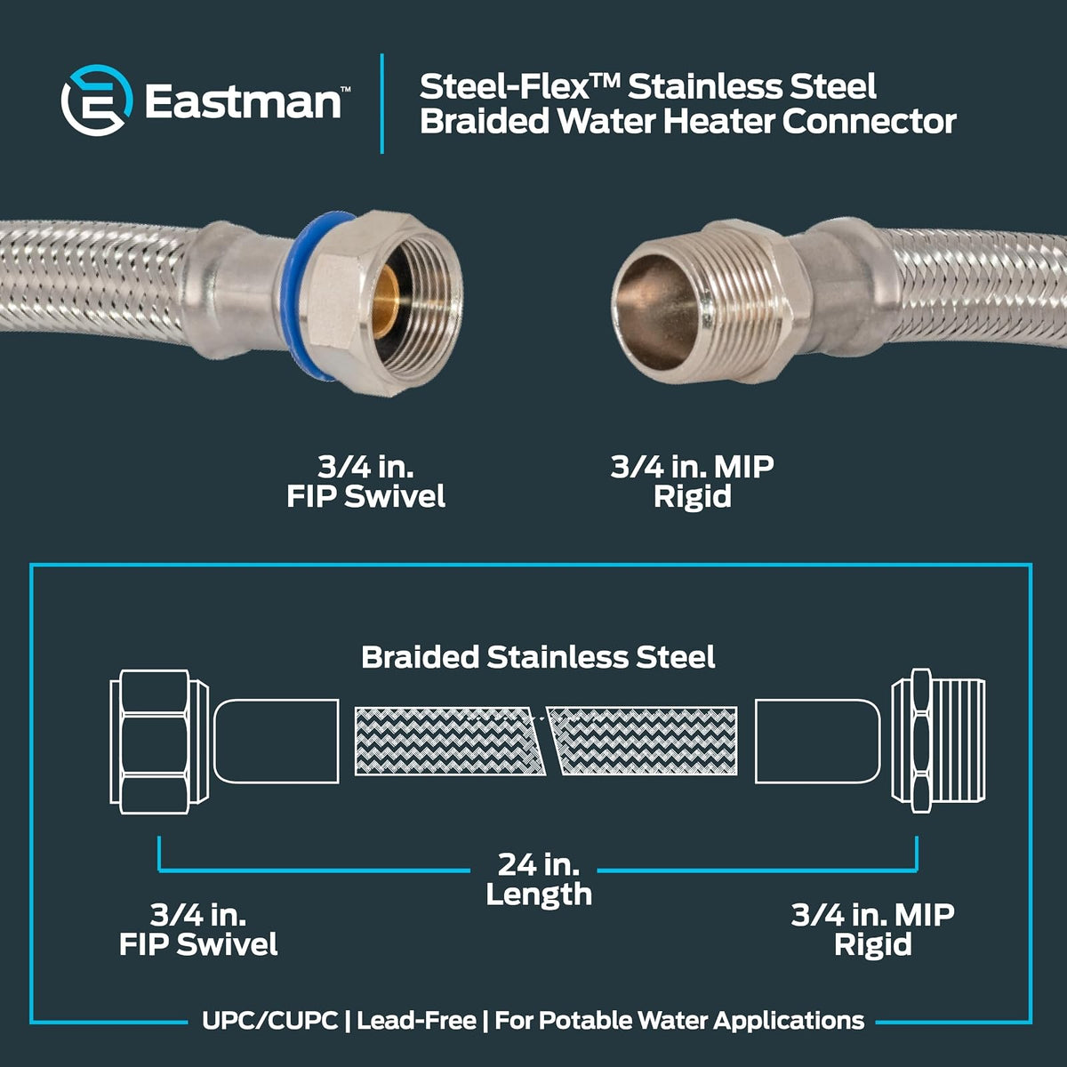 Eastman 48255 Steel-Flex - Conector flexible de acero inoxidable para calentador de agua, 61 cm de longitud, color plateado