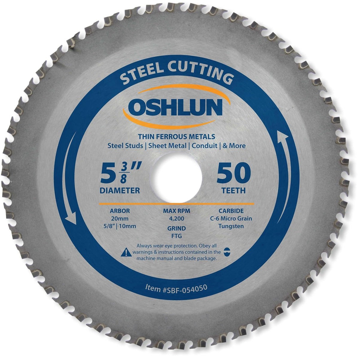 Oshlun SBF-054050 5-3/8-Inch 50 Tooth FTG Saw Blade with 20mm Arbor (5/8-Inch and 10mm Bushings) for Thin Mild Steel and Ferrous Metals - 50 dientes