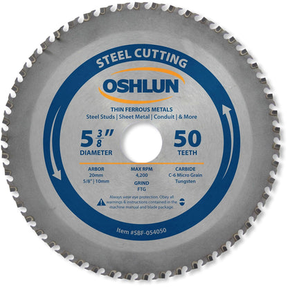 Oshlun SBF-054050 5-3/8-Inch 50 Tooth FTG Saw Blade with 20mm Arbor (5/8-Inch and 10mm Bushings) for Thin Mild Steel and Ferrous Metals - 50 dientes