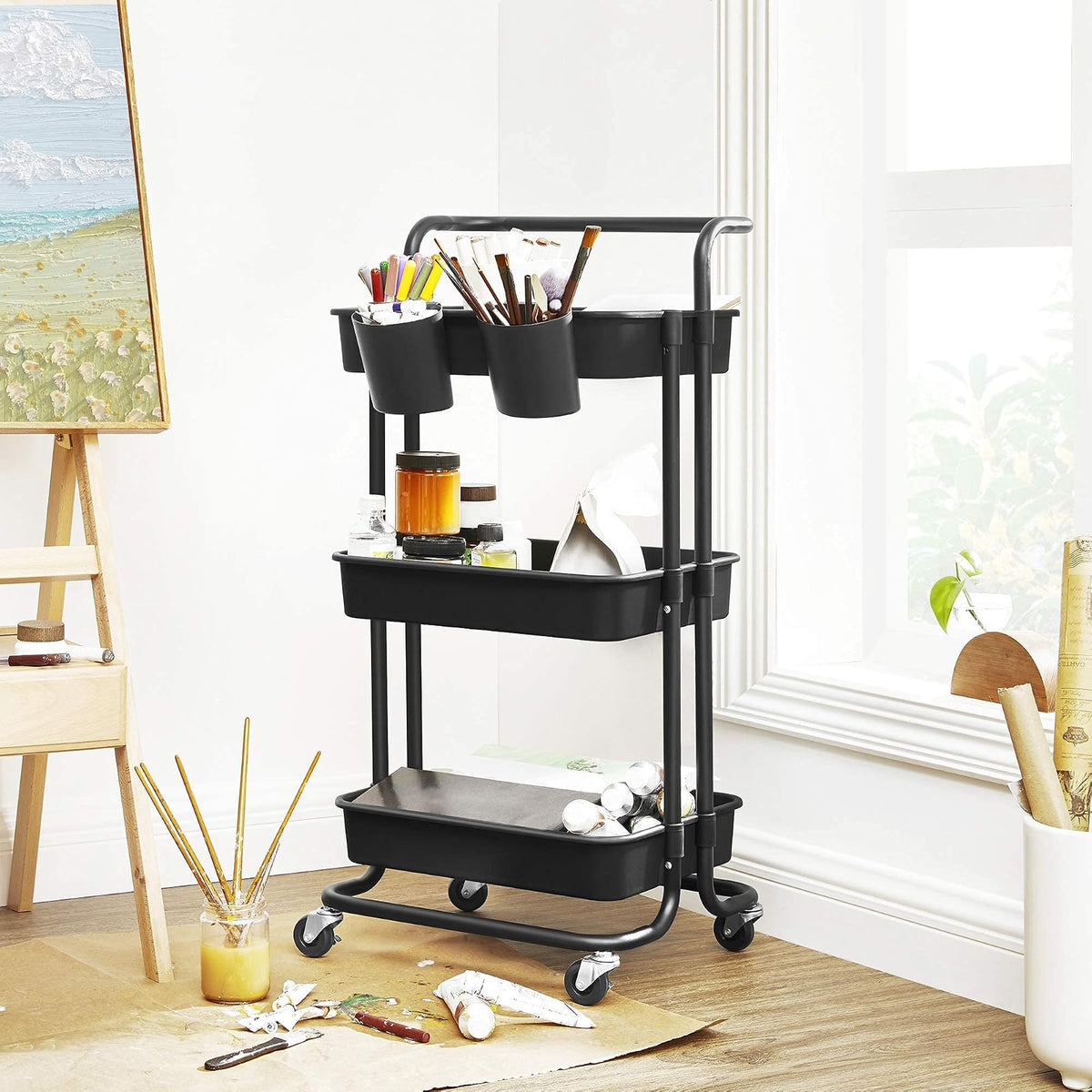 SONGMICS Carrito de Almacenamiento de 3 Niveles con Ruedas y Frenos Negro 13.2x16.4x34 Inches