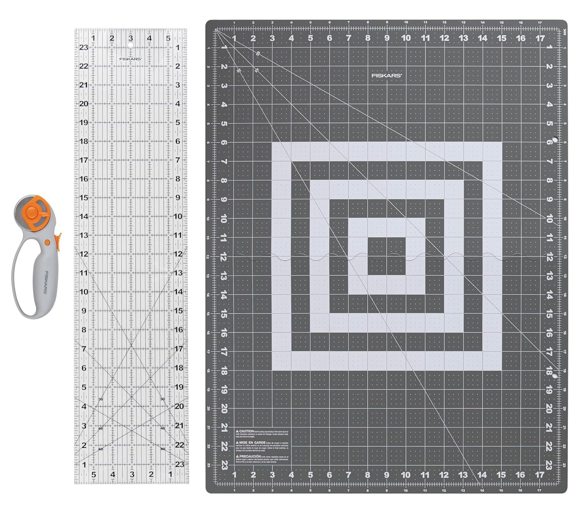 Fiskars - Juego de 3 piezas de cortador rotativo de hoja de 45 mm para tela, alfombrilla de corte auto curativa y regla de costura, suministros para manualidades, blanco/gris