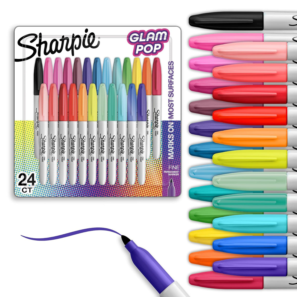 Sharpie Marcadores Glam Pop, Marcadores Permanentes, Punta Fina, Colores Surtidos, 24 Piezas