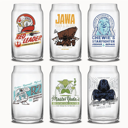 JoyJolt Star Wars Retro clásico Collection - Vasos de vidrio de 16.9 onzas, con Darth Vader, R2D2, Yoda, Chewbacca, Red Leader, Jawa - Juego de 6 vasos de vidrio con popotes de vidrio