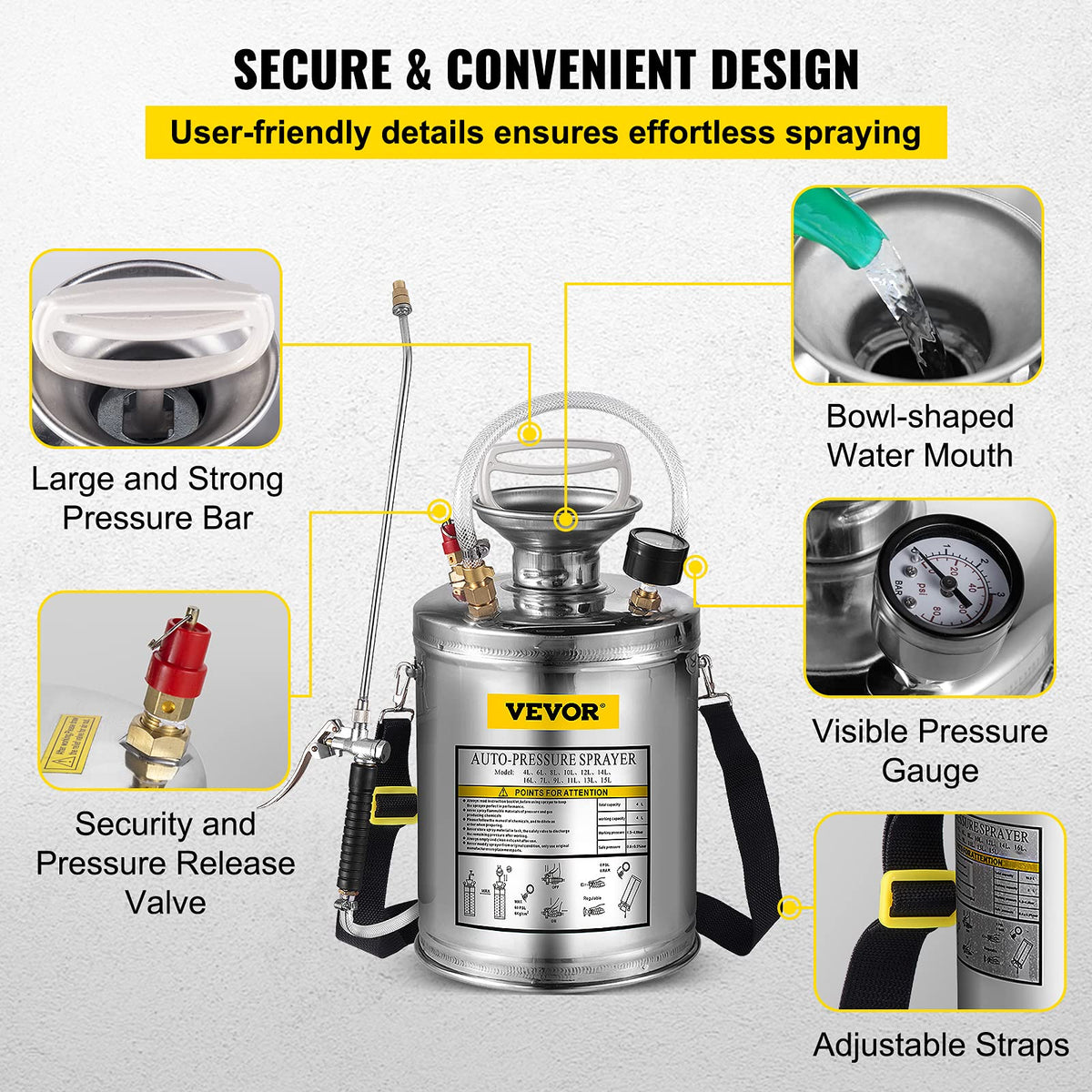 VEVOR Pulverizador de Mochila Manual Capacidad de 4 L Rociador de Mochila Presión de 1,5-4,0 Bar con Boquilla de Latón Uso en Interior y Exterior para Jardinería Doméstica y Limpieza de Pisos