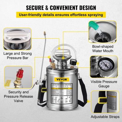 VEVOR Pulverizador de Mochila Manual Capacidad de 4 L Rociador de Mochila Presión de 1,5-4,0 Bar con Boquilla de Latón Uso en Interior y Exterior para Jardinería Doméstica y Limpieza de Pisos