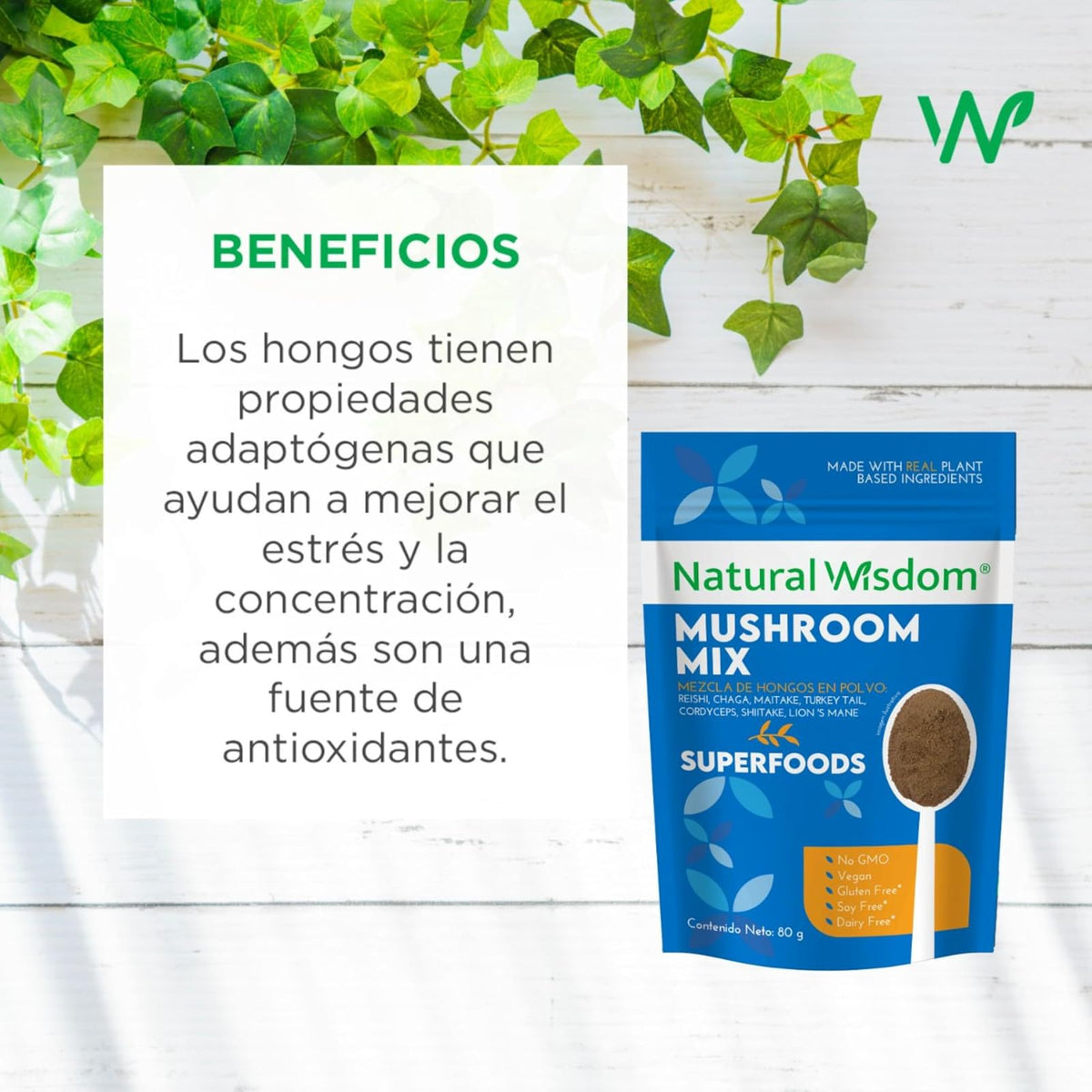 Mushroom Mix en Polvo 80g Concentración Estrés Energía | Con Hongo Melena de Leon hongo Reishi, Cordyceps, Chaga, Maitake, Shiitake y Cola de Pavo | Suplemento Natural Wisdom