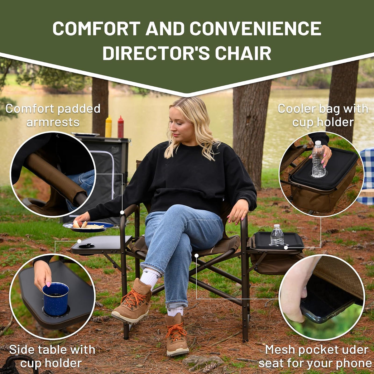 Timber Ridge - Silla Plegable de Camping con Bolsa refrigeradora, Silla de Director Plegable con Mesa Auxiliar para Adultos, sillas de Campamento para Exteriores, césped, Deportes, Pesca, soporta 300