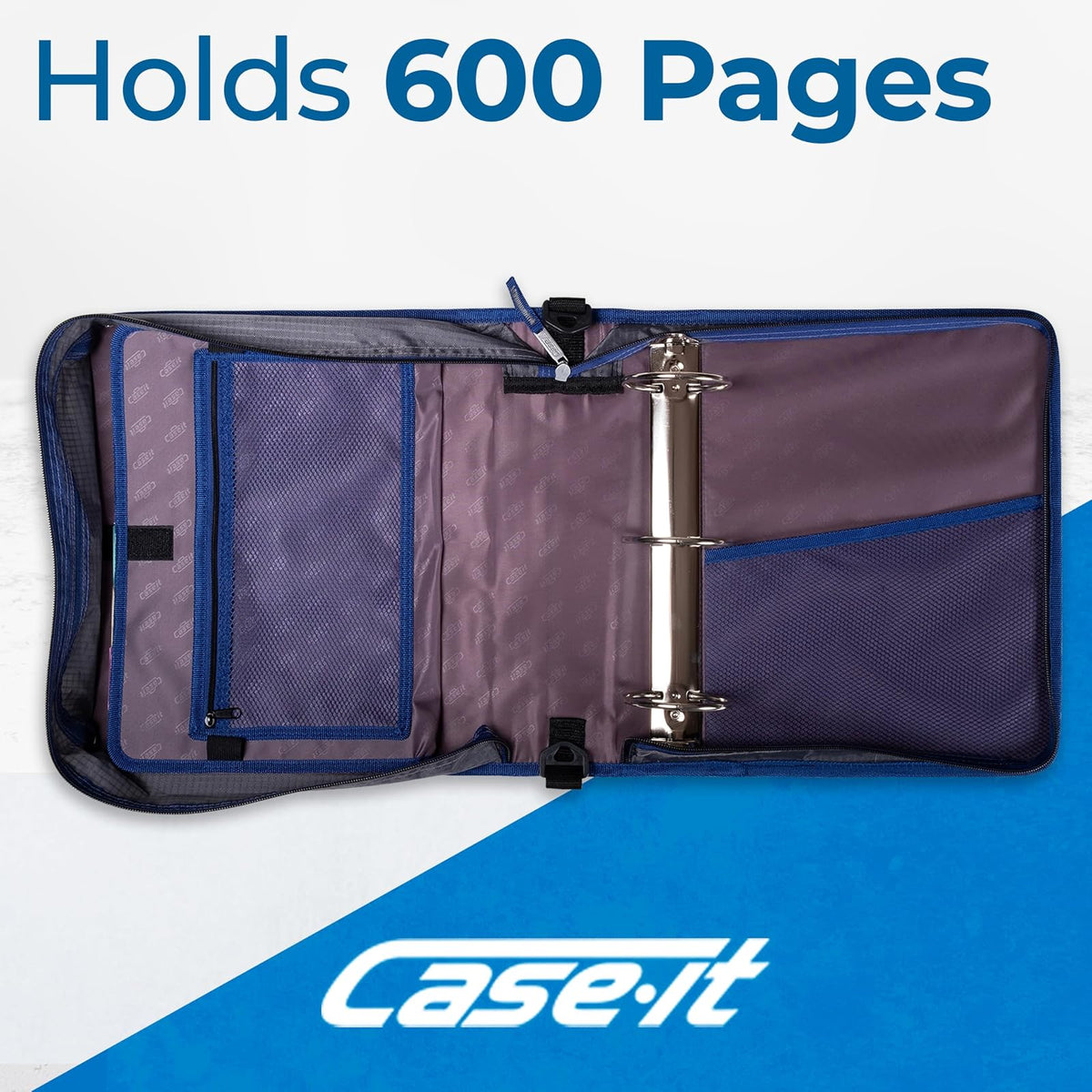 Case it - Carpeta con cierre, junta tórica de 3 pulgadas, archivo expandible y correa de hombro y asa, D-146-P, margarita, azul claro