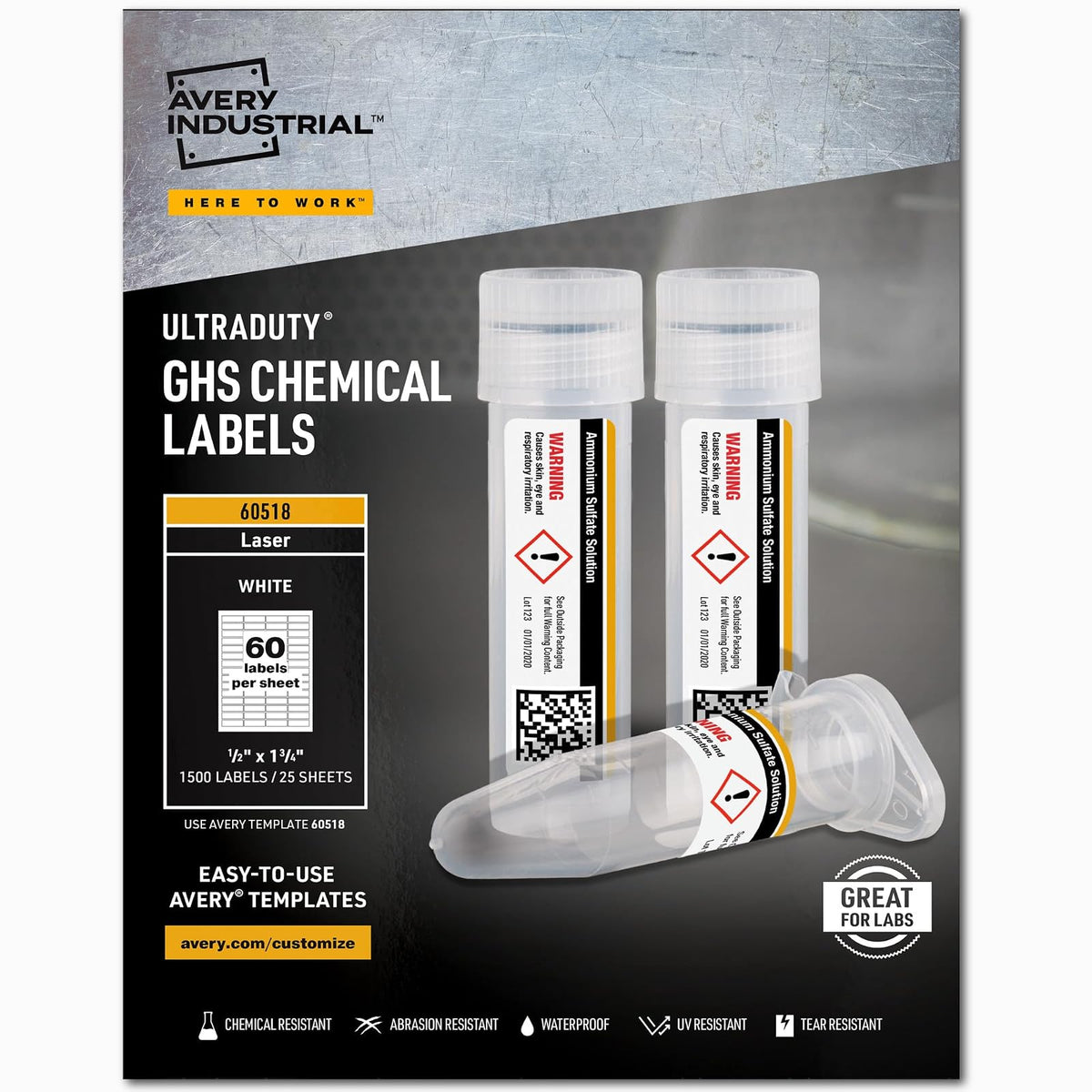 Avery 60518 - Etiquetas químicas para impresoras láser, impermeables, resistentes a los rayos UV, 0,5 x 1,75 pulgadas, 1500 unidades - .5 x 1.75"
