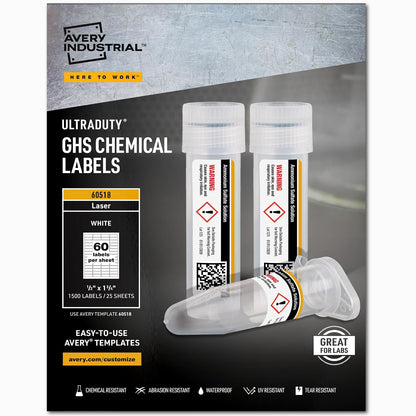 Avery 60518 - Etiquetas químicas para impresoras láser, impermeables, resistentes a los rayos UV, 0,5 x 1,75 pulgadas, 1500 unidades - .5 x 1.75"