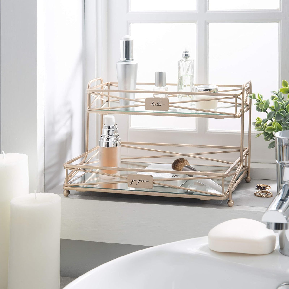 Home Details Detalles del hogar con Espejo, Perfecto para perfumes, Joyas, Maquillaje, Organizador de cosméticos, decoración Elegante en Oro Rosa de 2 Niveles