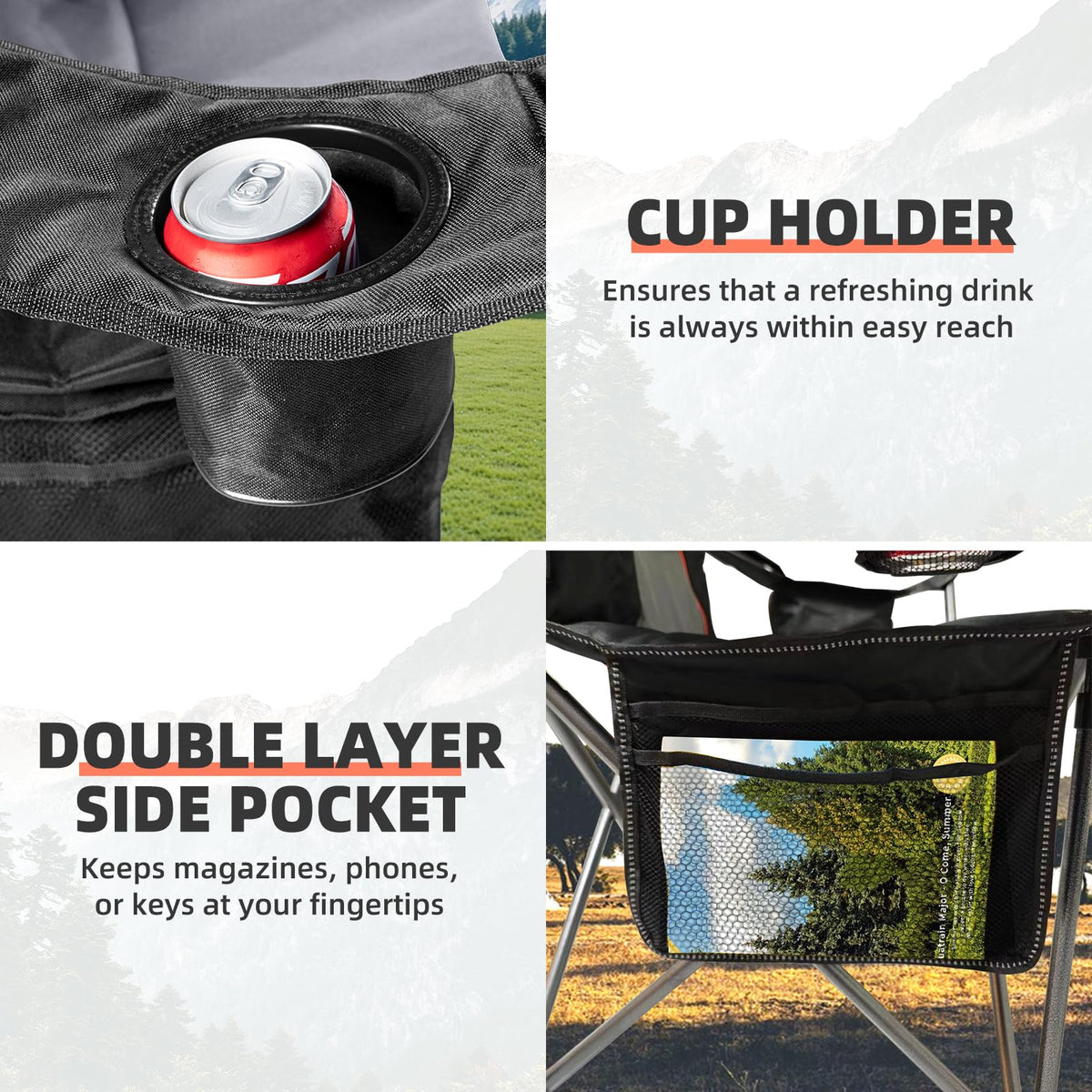 Foristrail - Juego de 2 sillas Plegables para Acampar para Adultos, Respaldo Alto Acolchado para Exteriores con Soporte Lumbar y Soporte para Tazas, Juego de sillas de Camping portátiles Resistentes