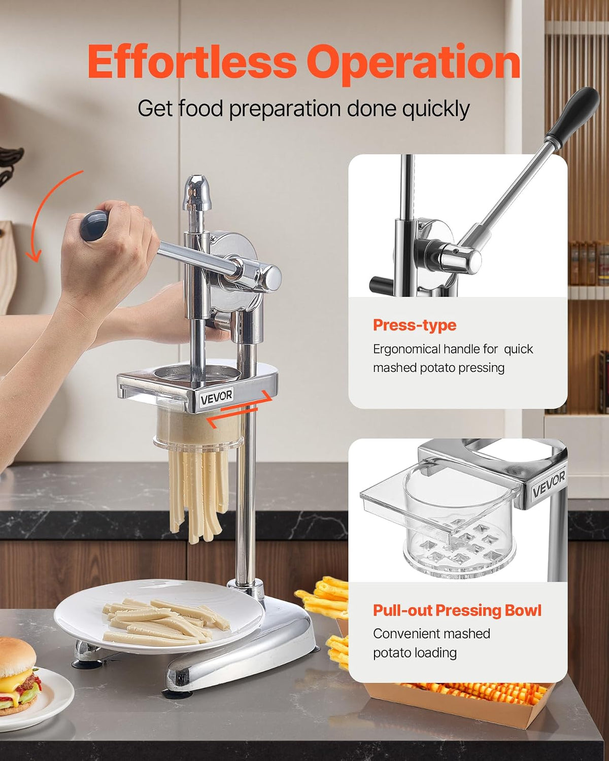 VEVOR Exprimidor Manual de Papas Fritas Largas, Extrusor de Puré de Papa de Acero Inoxidable, Mango Ergonómico, Estable, Exprimidor de Tiras de Patatas Fritas para Restaurantes, Cocinas Domésticas